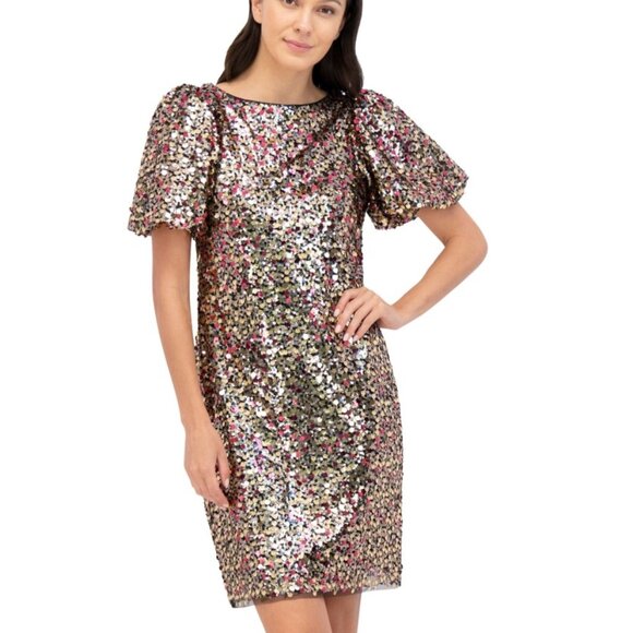 Eliza J Sequined Puff-Sleeve Shift Dress – Gold Multi | NWT | Size 8 - Picture 2 of 5